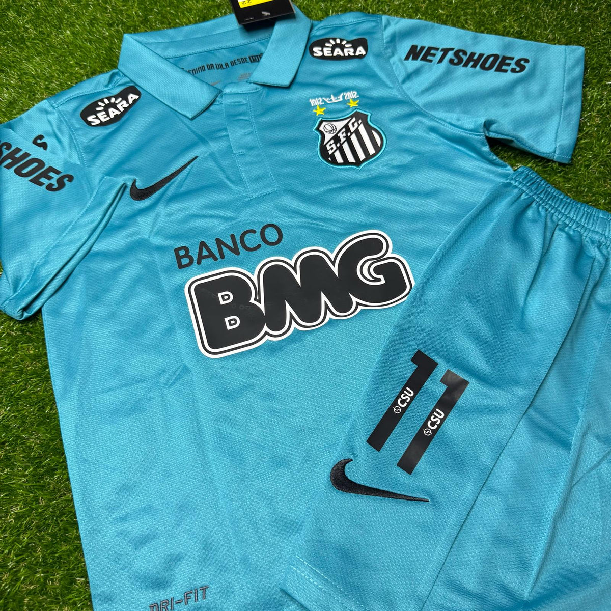 Neymar JR Santos FC 2011 2012 Retro Blue Green Turquoise Kids Kit Jersey KinderTrikot – Front View