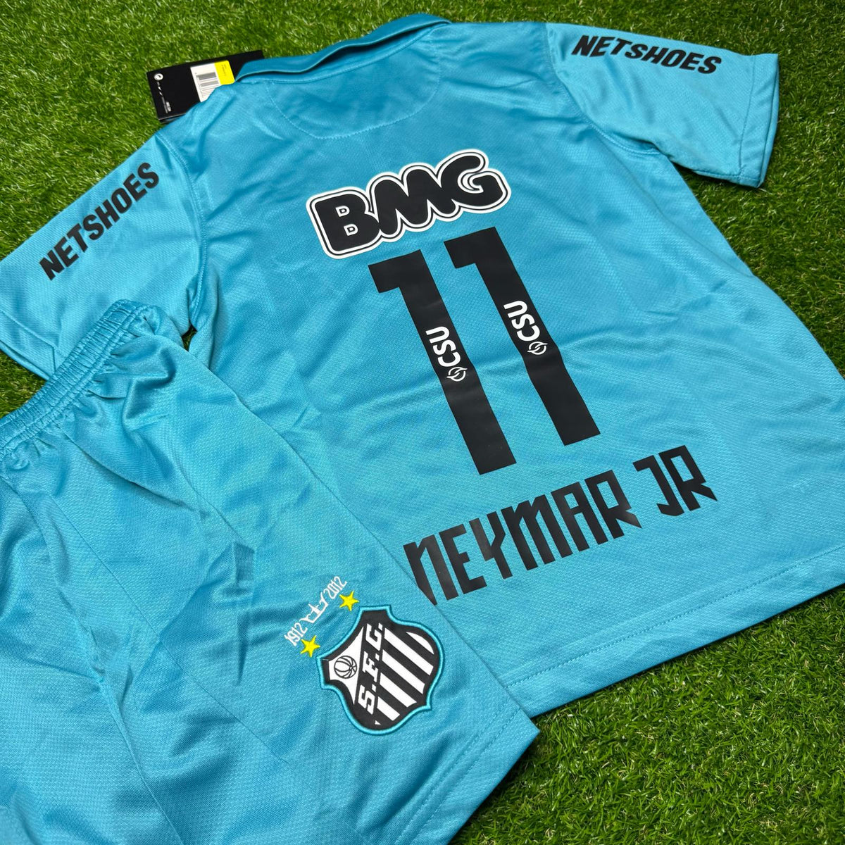 Neymar JR Santos FC 2011 2012 Retro Blue Green Turquoise Kids Kit Jersey KinderTrikot – Back View
