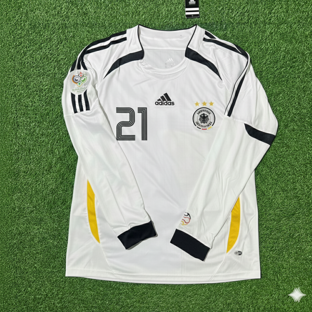 Germany World Cup Long Sleeve White Retro Football Jersey – Mario Basler – Front View