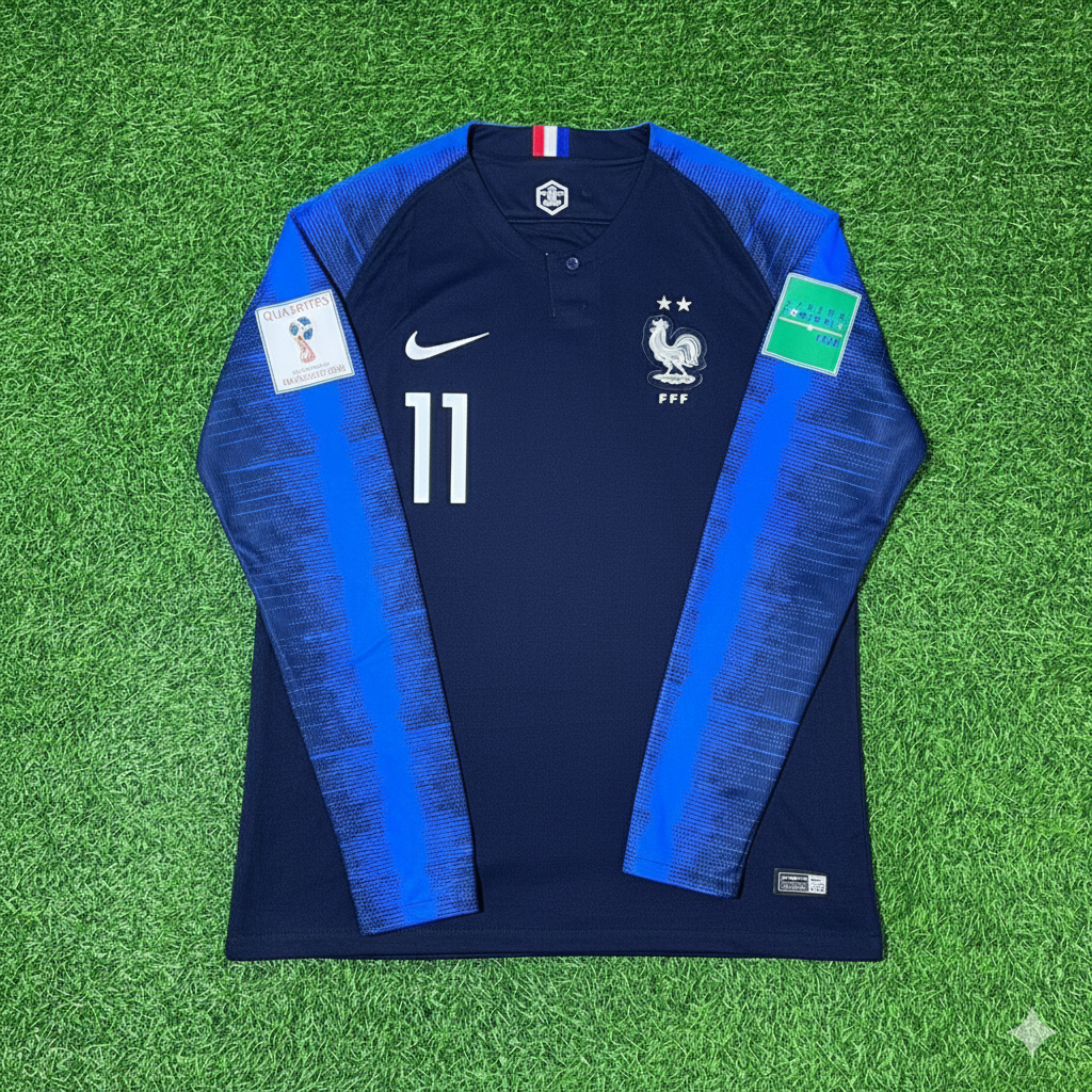 France 2018 World Cup Final Long Sleeve Retro Football Jersey – Ousmane Dembele – Front View