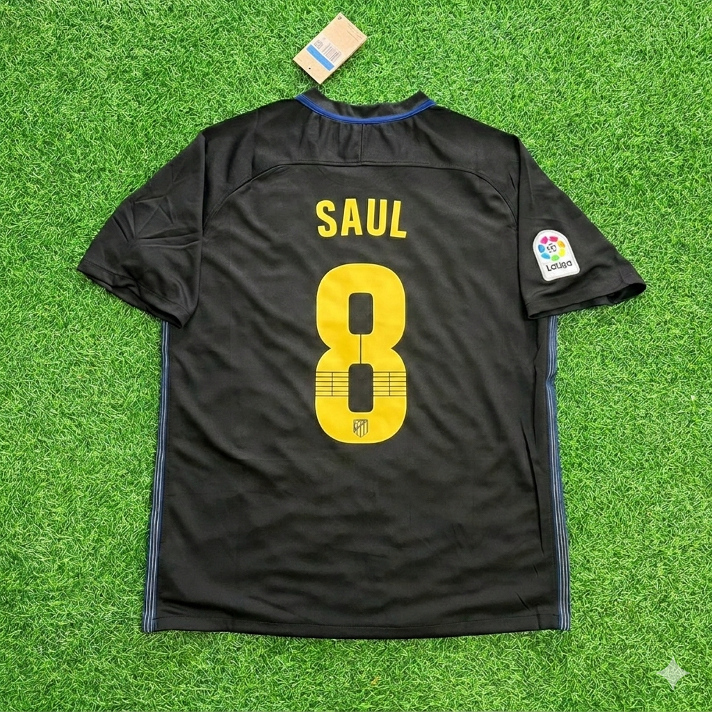 2016/17 Saul Niguez 8 Atletico Madrid Black Away Retro Football Jersey – Back View
