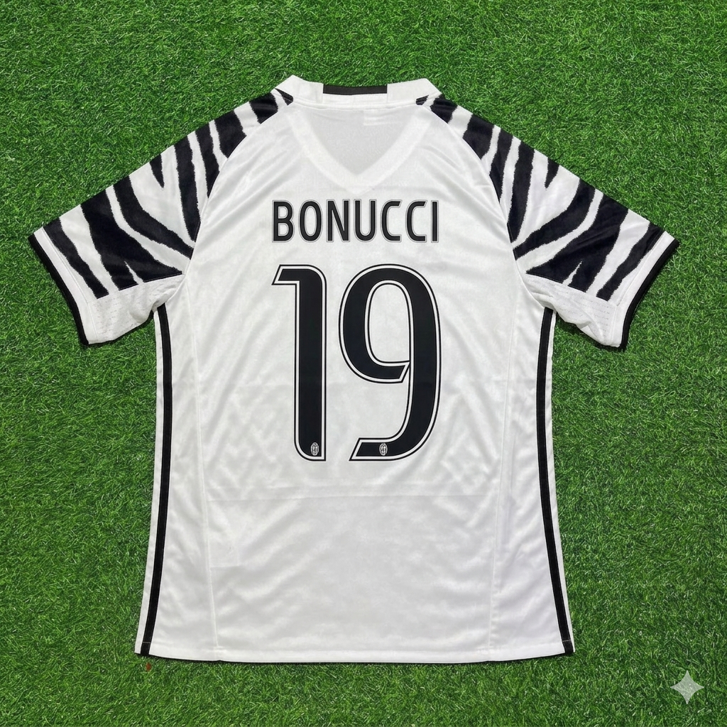 2016 Leonardo Bonucci #19 Juventus 2017 Away White Retro Football Jersey – Back View