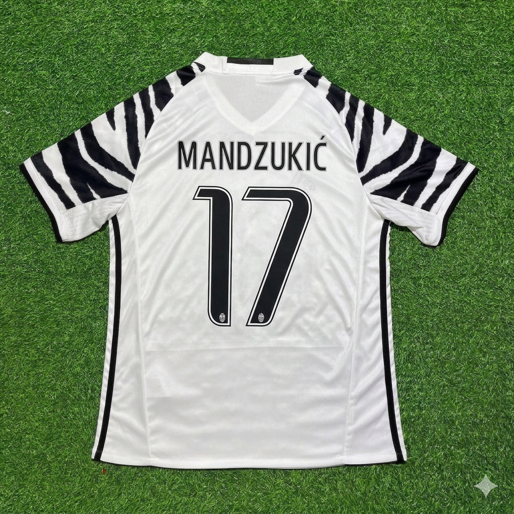 2016 Mario Mandzukic #17 Juventus 2017 Away White Retro Football Jersey – Back View