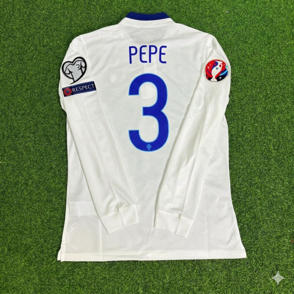 Portugal EURO 2016 White Long Sleeve Retro Football Jersey – Pepe – Back View