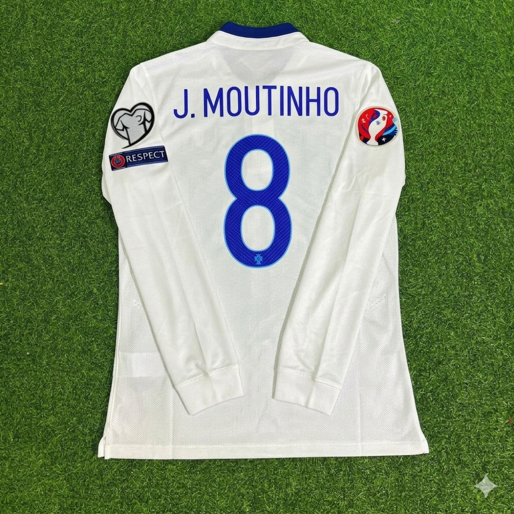 2016 Portugal EURO Joao Moutinho White Long Sleeve Retro Football Jersey – Back View