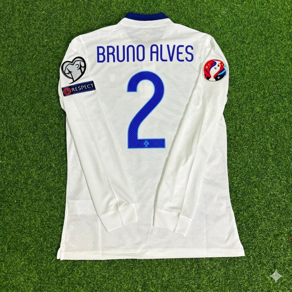 Portugal EURO 2016 White Long Sleeve Retro Football Jersey – Bruno Alves – Back View