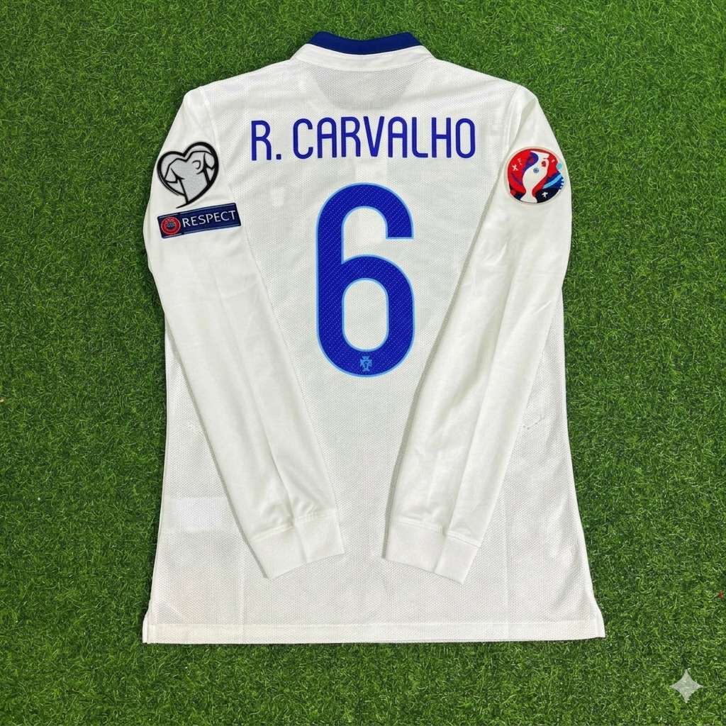 2016 Portugal EURO Ricardo Carvalho White Long Sleeve Retro Football Jersey – Back View