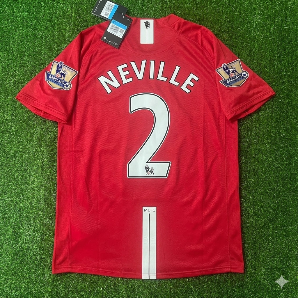 2007 Gary Neville Manchester United 2008 EPL Retro Red Football Jersey – Back View