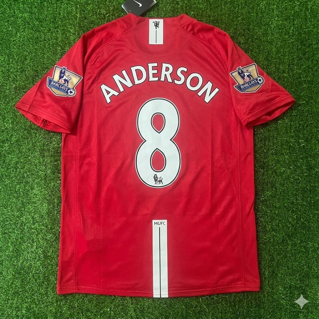 2007 Anderson Manchester United 2008 EPL Retro Red Football Jersey – Back View