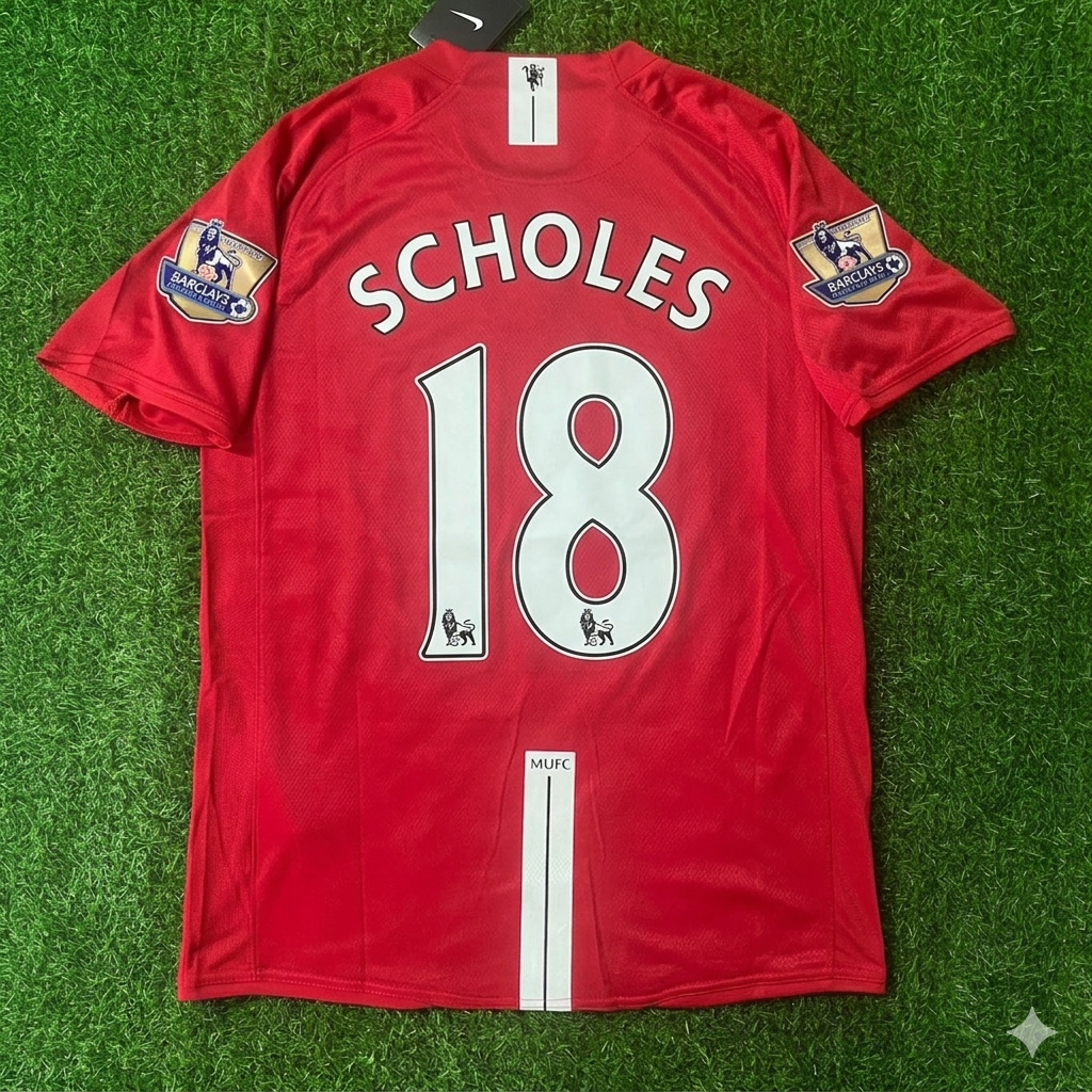 2007 Paul Scholes Manchester United 2008 EPL Retro Red Football Jersey – Back View