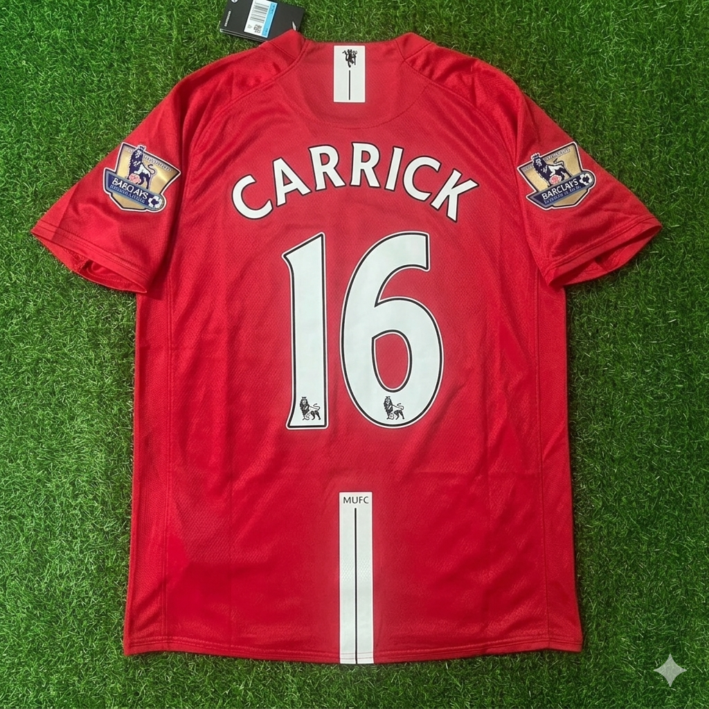2007 Michael Carrick Manchester United 2008 EPL Retro Red Football Jersey – Back View