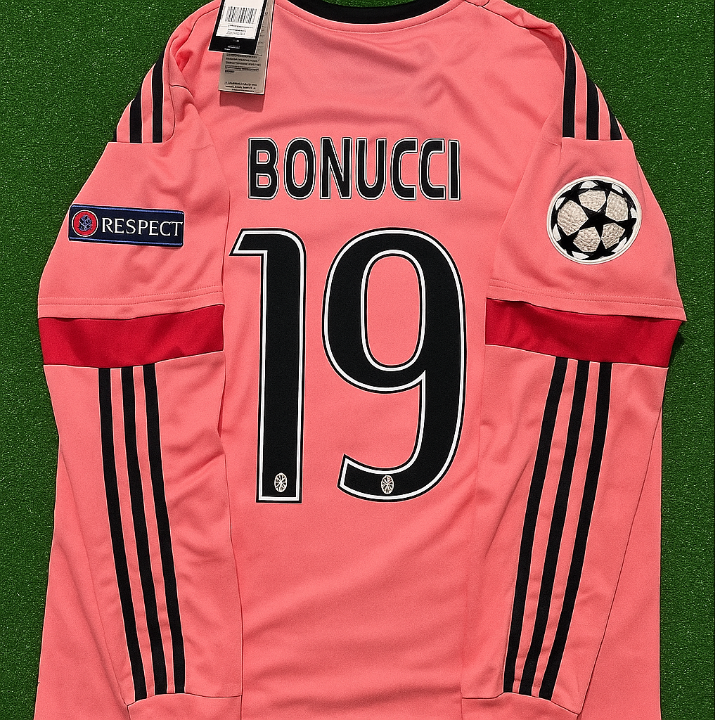 Leonardo Bonucci #19 Juventus Retro 2015-2016 Pink Jersey – Back View