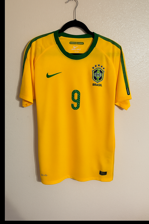 Adriano 9 Brazil 2010 World Cup Retro Yellow Jersey – Front View