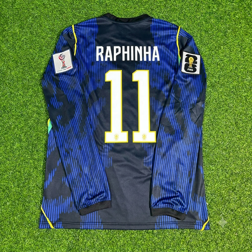 Brazil 2026 World Cup Blue Away Long Sleeve Football Jersey – Raphinha – Back View