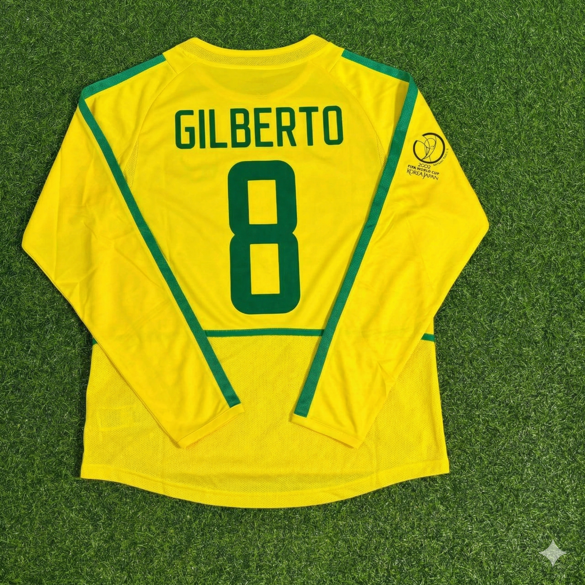 Brazil 2002 World Cup Final Yellow Long Sleeve Retro Football Jersey – Gilberto Silva – Back View