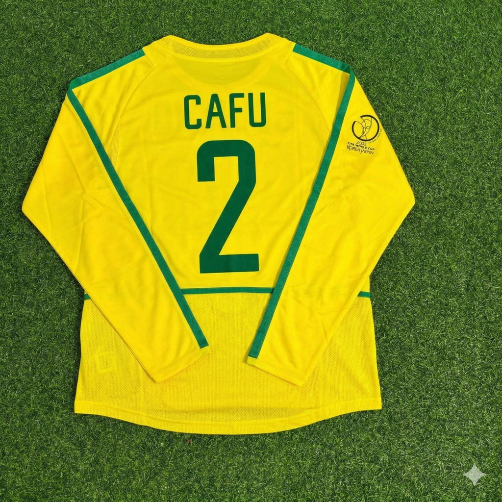 Brazil 2002 World Cup Final Yellow Long Sleeve Retro Football Jersey – Cafu – Back View
