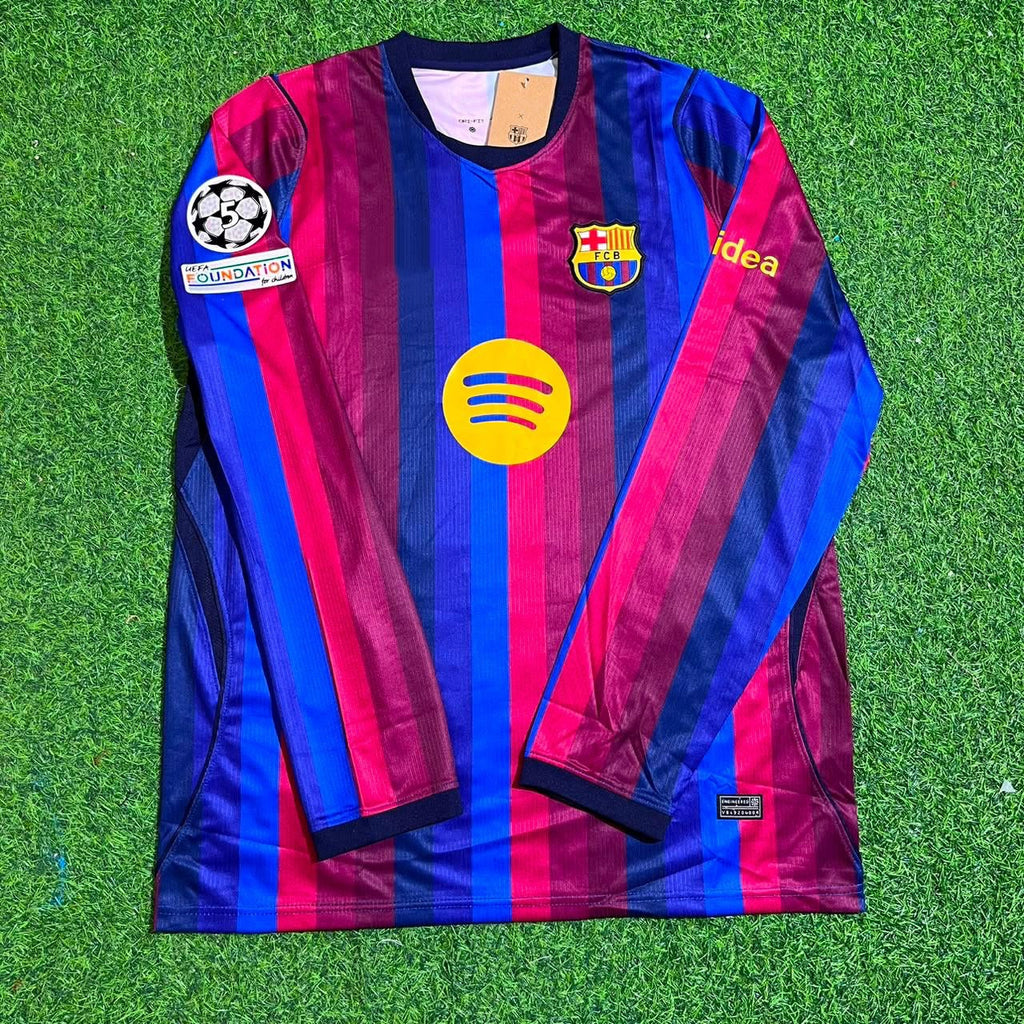 Pau Cubarsi #5 Barcelona 2027 New Season Champions League Patch Home Long Sleeve Jersey – Front View