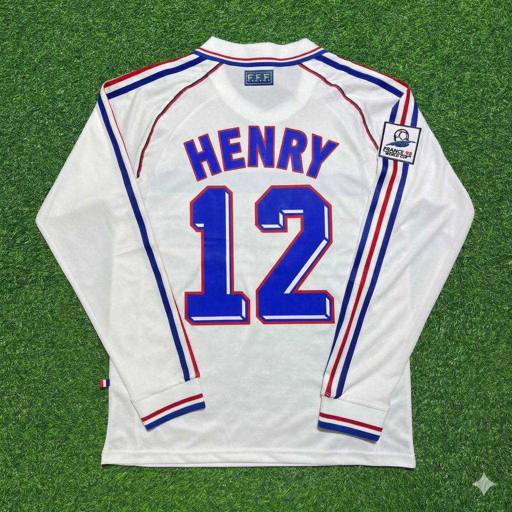 1998 France World Cup Thierry Henry #12 White Away Long Sleeve Retro Football Jersey – Back View
