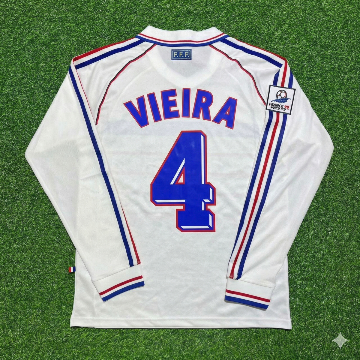 France 1998 World Cup White Away Long Sleeve Retro Jersey – Patrick Vieira #4 – Back View