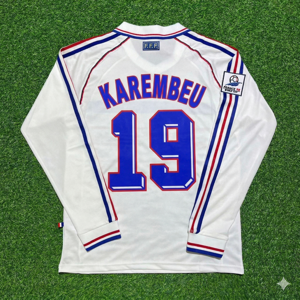 1998 France World Cup Christian Karembeu #19 White Away Long Sleeve Retro Football Jersey – Back View