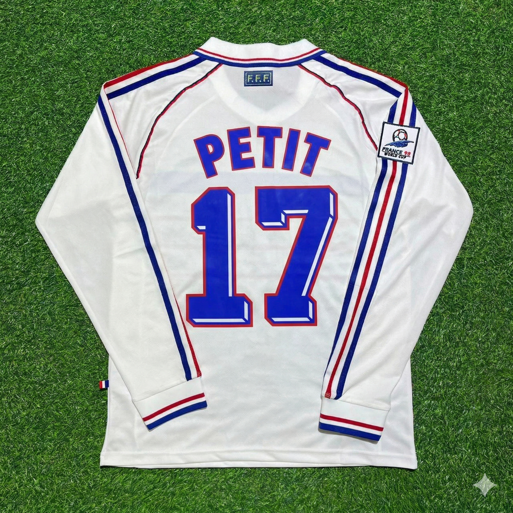 1998 France World Cup Emmanuel Petit #17 White Away Long Sleeve Retro Football Jersey – Back View