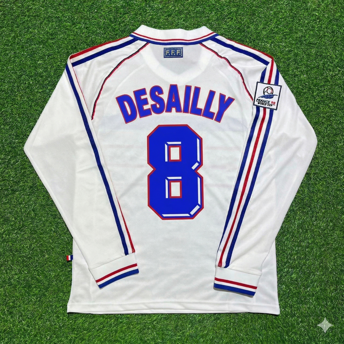 1998 France World Cup Marcel Desailly #8 White Away Long Sleeve Retro Football Jersey – Back View