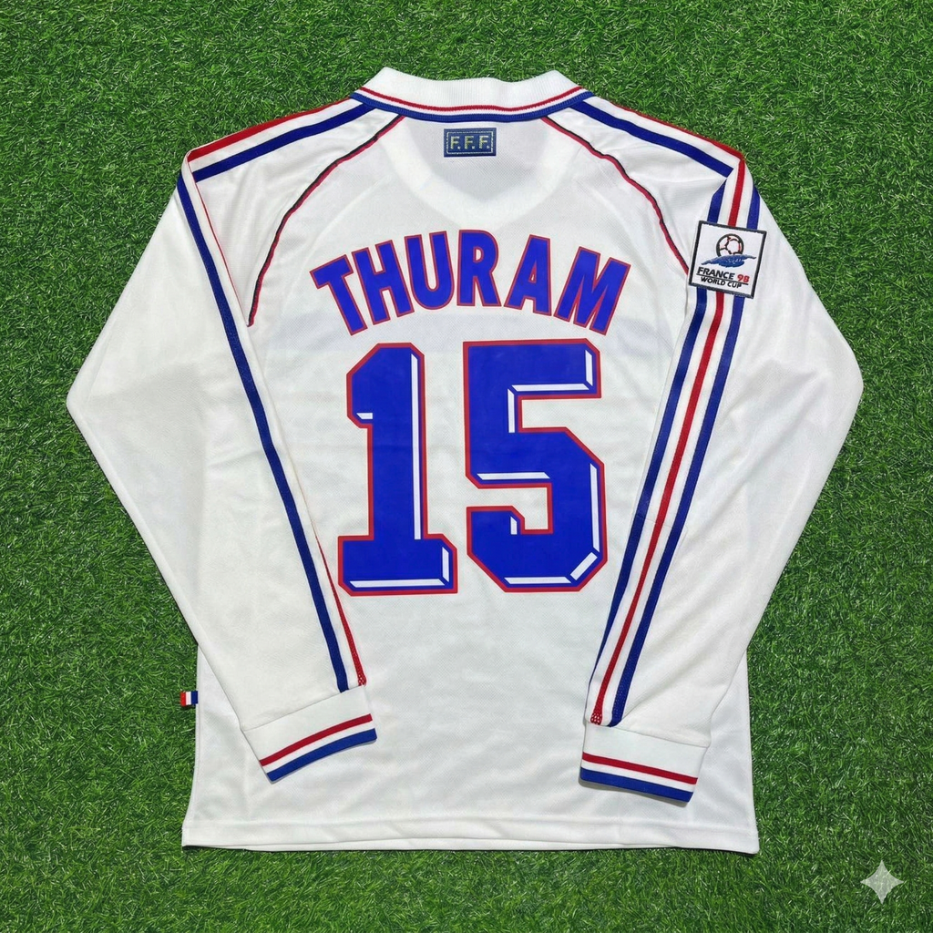 1998 France World Cup Lilian Thuram #15 White Away Long Sleeve Retro Football Jersey – Back View