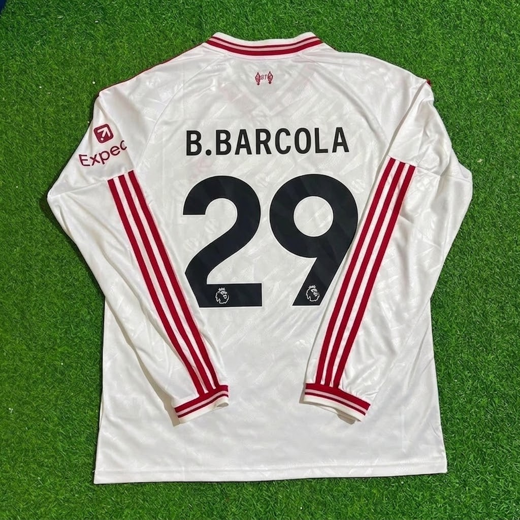 Bradley Barcola #29 Liverpool 2027 New Season Long Sleeve Away White Football Jersey – Back View