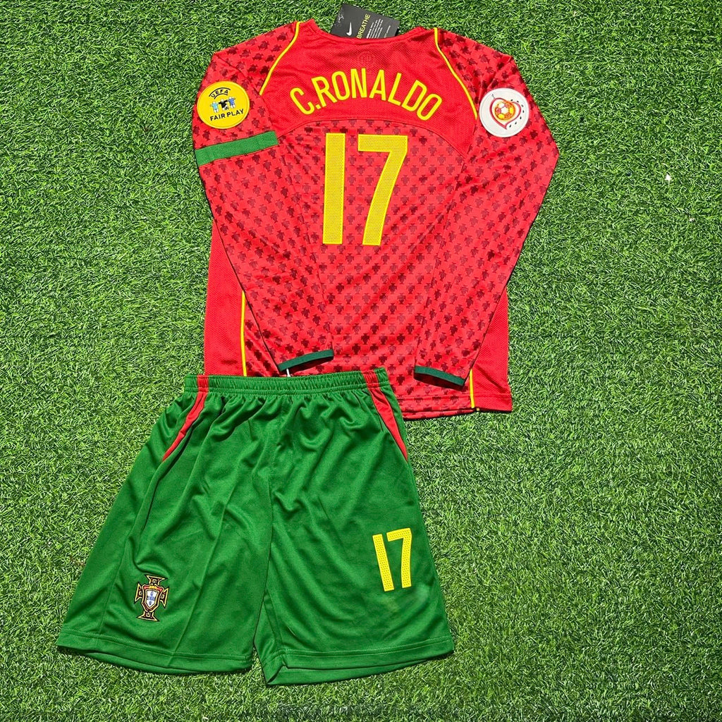 Portugal EURO 2004 Long Sleeve Retro Home Red Kids Football Jersey – Cristiano Ronaldo – Back View