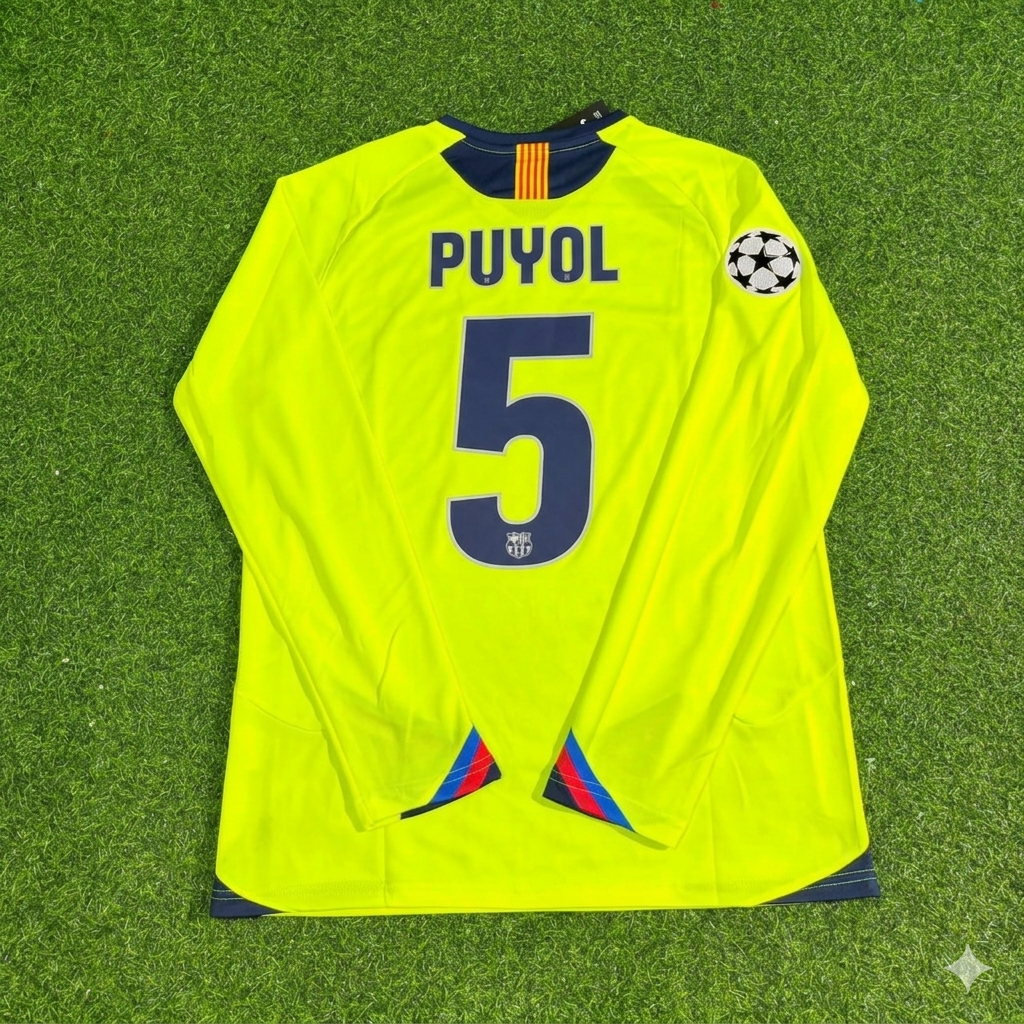Carles Puyol Barcelona 2005-2006 Yellow Green Retro Long Sleeve Football Jersey – Back View