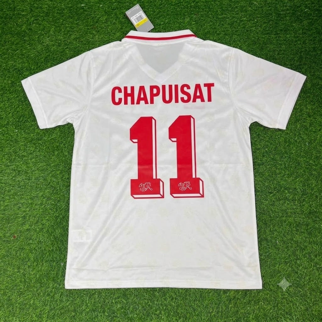 1994 Switzerland World Cup Stephane Chapuisat White Retro Football Jersey – Back View