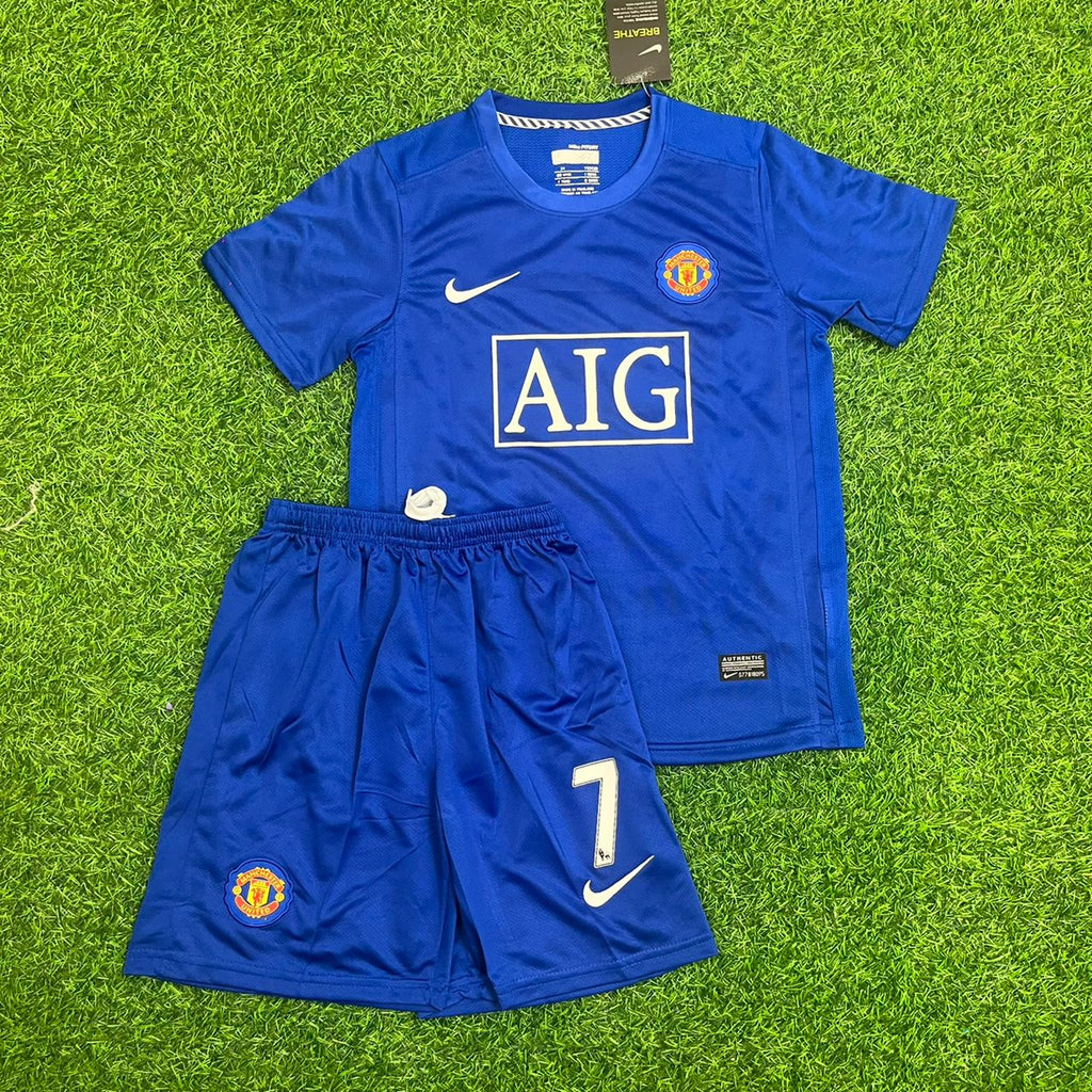 Cristiano Ronaldo Manchester United Blue Kids Children Set Retro Football Jersey Kinder – Front View