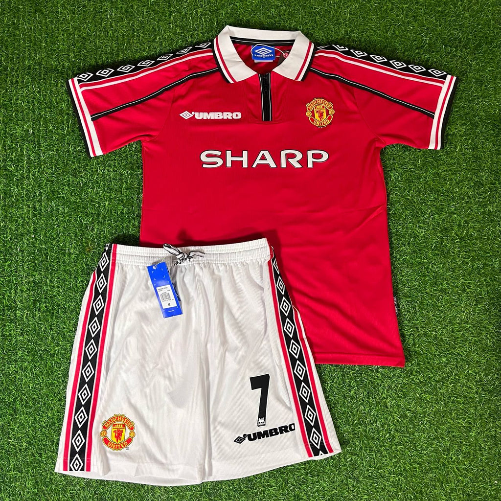 1999 David Beckham Manchester United Kids Children Set Retro Football Jersey Kinder – Front View