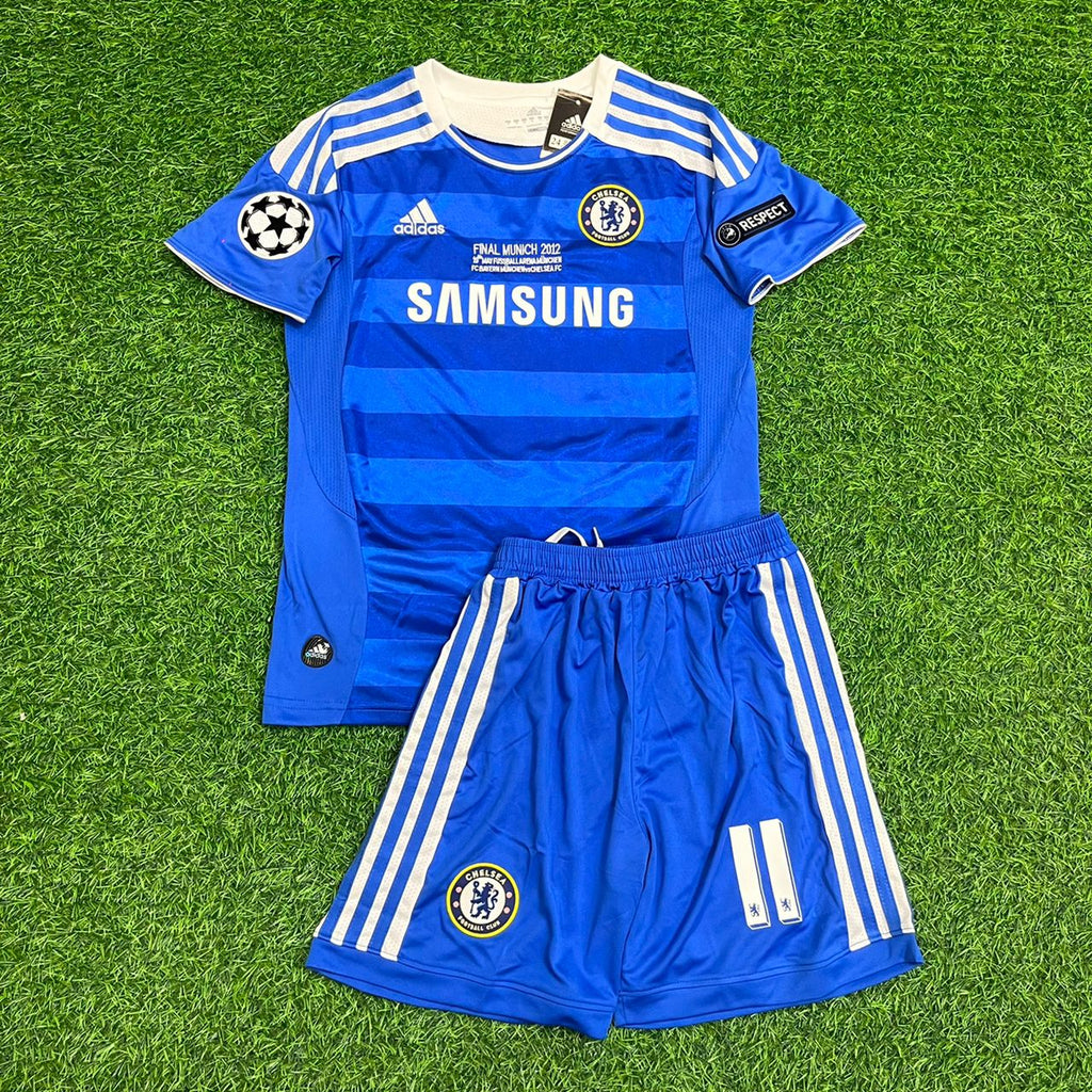 Didier Drogba 11 Chelsea Champhions League 2012 Munich Final Retro Kids Kit Jersey – Front View
