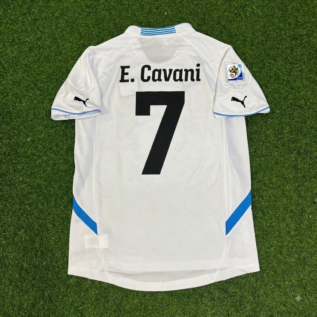 Edinson Cavani Uruguay 2010 World Cup White Retro Football Jersey – Back View