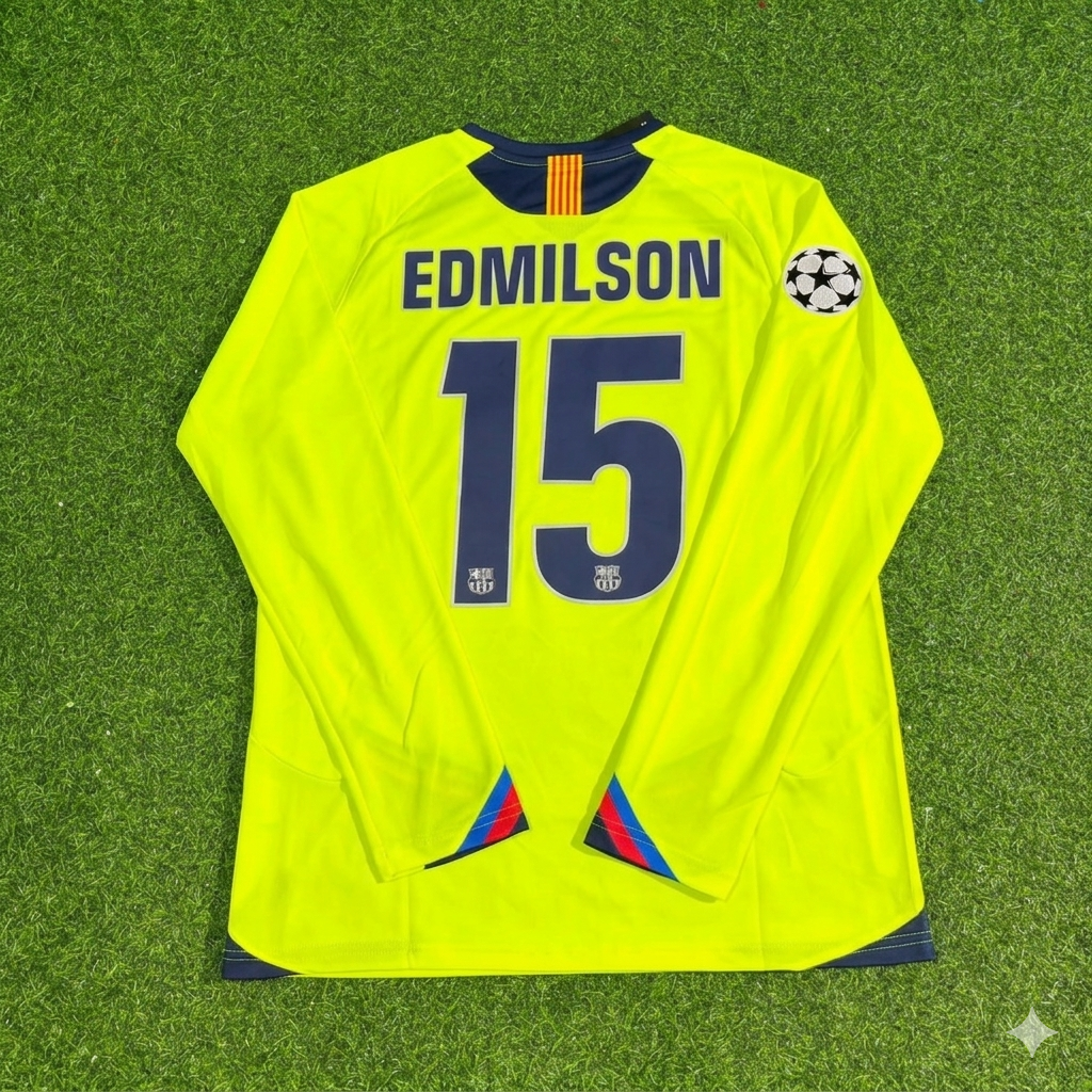 Edmilson Barcelona 2005-2006 Yellow Green Retro Long Sleeve Football Jersey – Back View