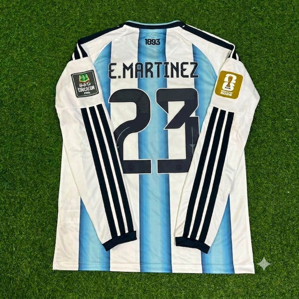 2026 Argentina World Cup Emiliano Martinez Goalkeeper Home Patch Long Sleeve Football Jersey – Back View