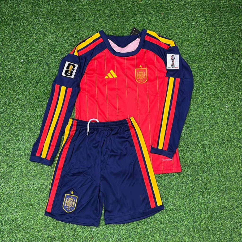 2026 Spain World Cup Pedri Kids Home Long Sleeve Football Jersey – Front View