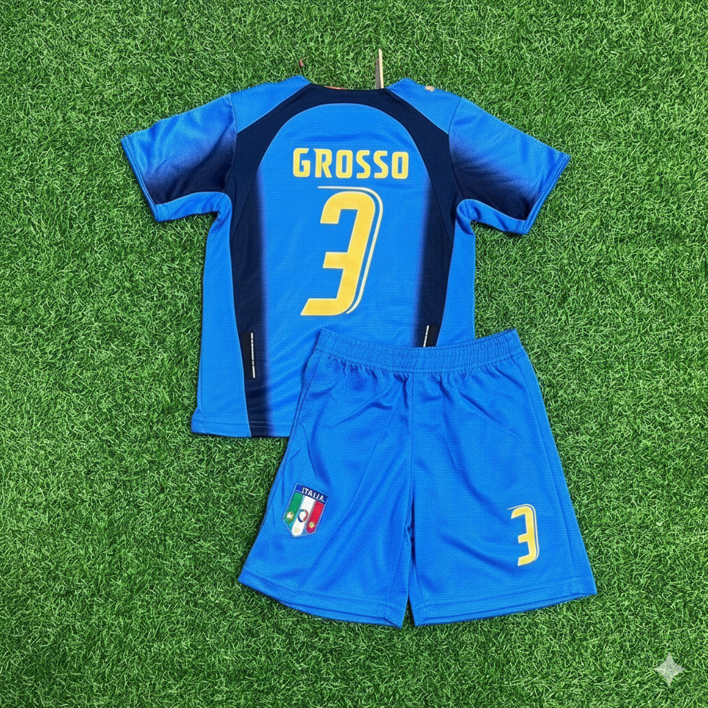2006 Italy World Cup Fabio Grosso 3- Final Retro Kids Football Jersey Kinder – Back View
