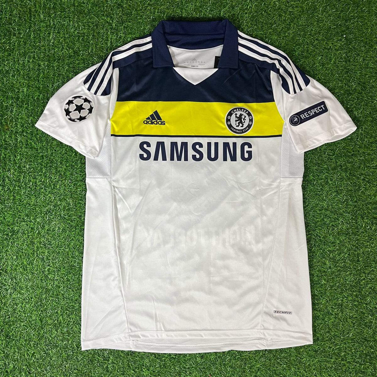 2011 Fernando Torres 9 - Chelsea 2012 Champions League White Yellow Retro Football Jersey – Front View