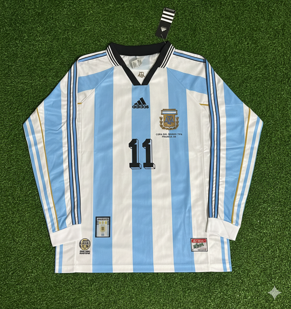 Argentina 1998 World Cup White Long Sleeve Retro Football Jersey – Juan Sebastian Veron – Front View