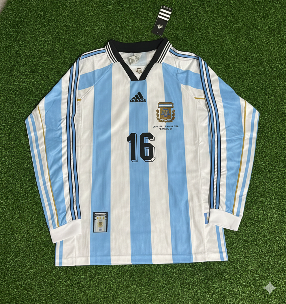 Argentina 1998 World Cup White Long Sleeve Retro Football Jersey – Diego Simeone – Front View