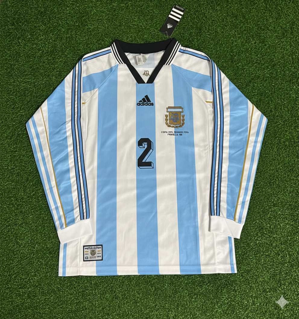 Argentina 1998 World Cup White Long Sleeve Retro Football Jersey – Roberto Ayala – Front View
