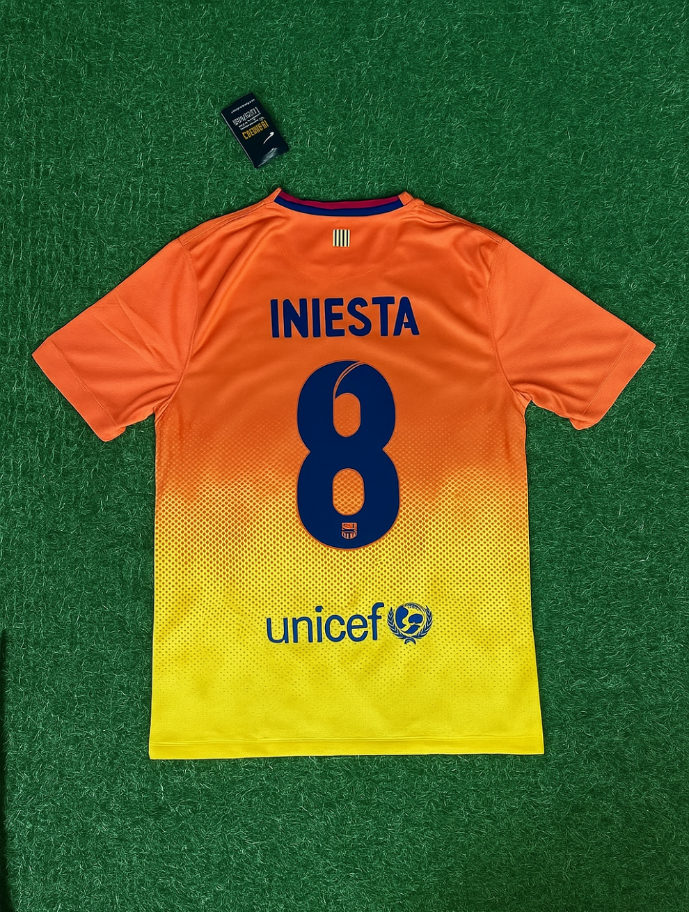 2012 Andres Iniesta 8 Barcelona 2013 Orange Retro Football Jersey – Back View