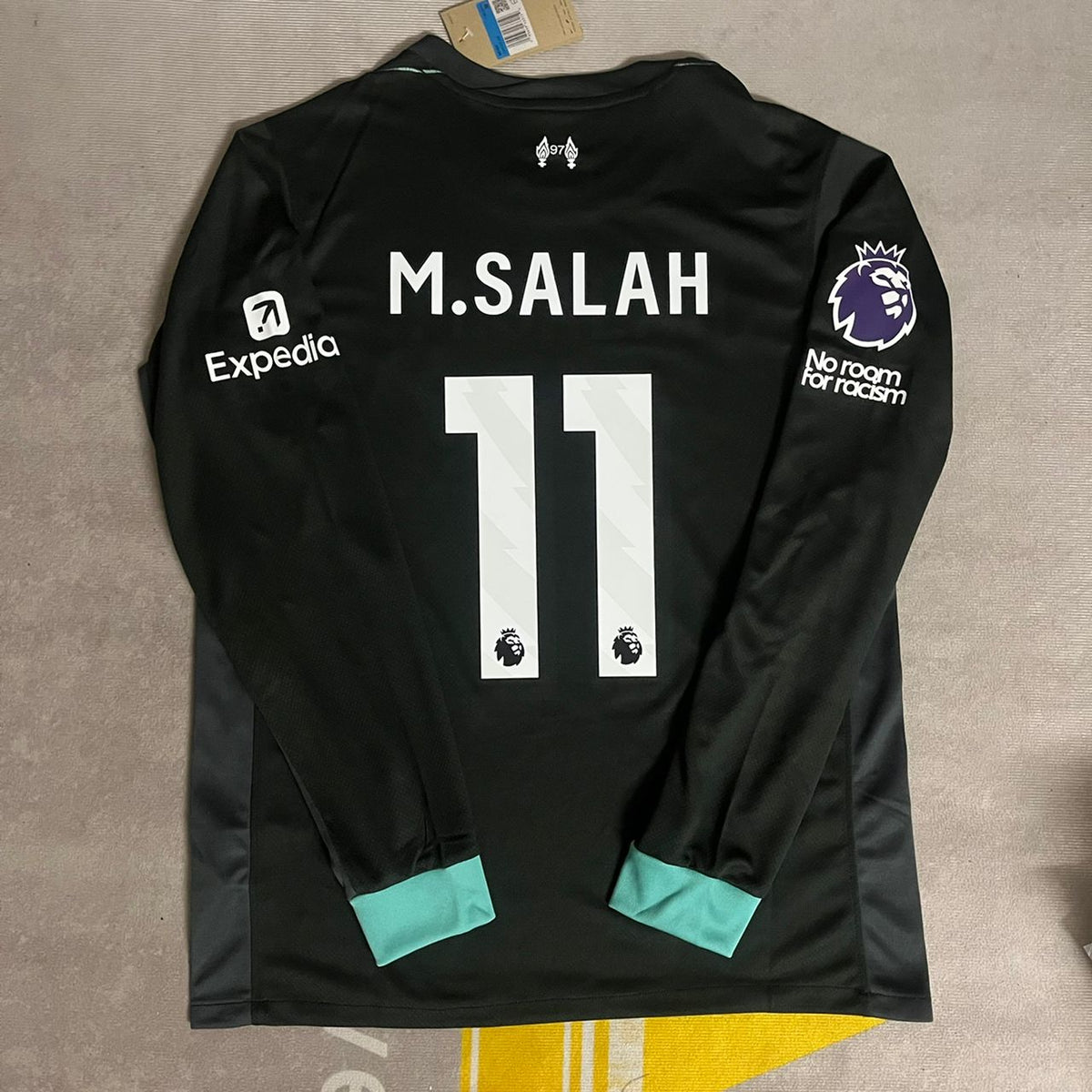 2025 Mohammed Salah Liverpool Black Long Sleeve Premier League Patch Football Jersey – Back View