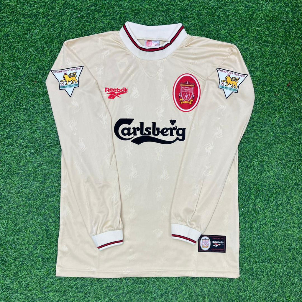 1996 Phil Babb Liverpool 1997 Retro Away White Long Sleeve Football Jersey – Front View