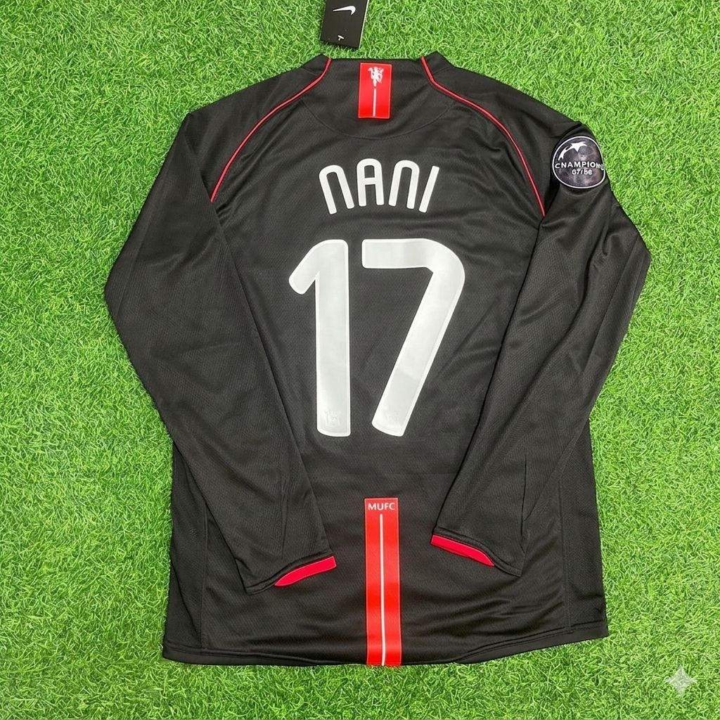 2007/08 Luis Nani Manchester United Champions League Patch Black Retro Football Jersey Collection – Back View