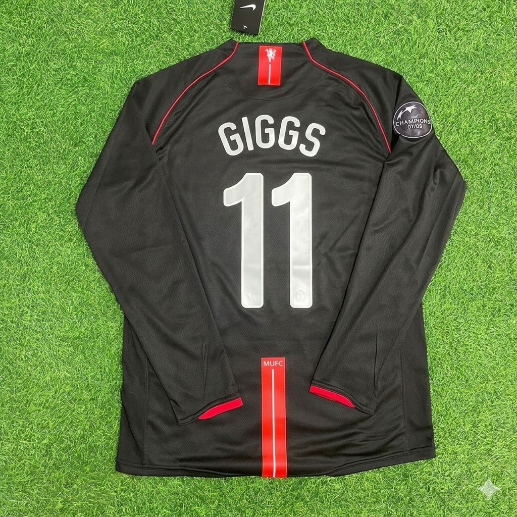 2007/08 Ryan Giggs Manchester United Champions League Patch Black Retro Football Jersey Collection – Back View