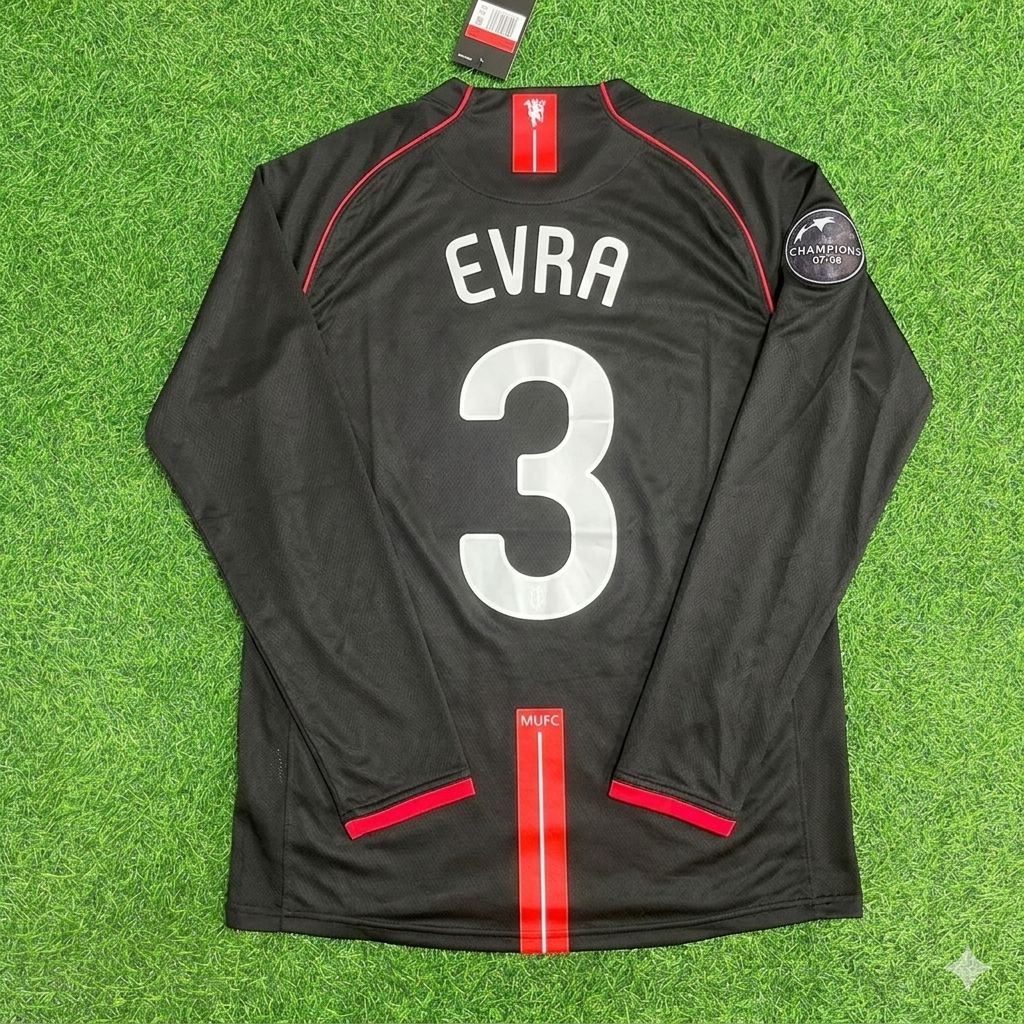 2007/08 Patrice Evra Manchester United Champions League Patch Black Retro Football Jersey Collection – Back View
