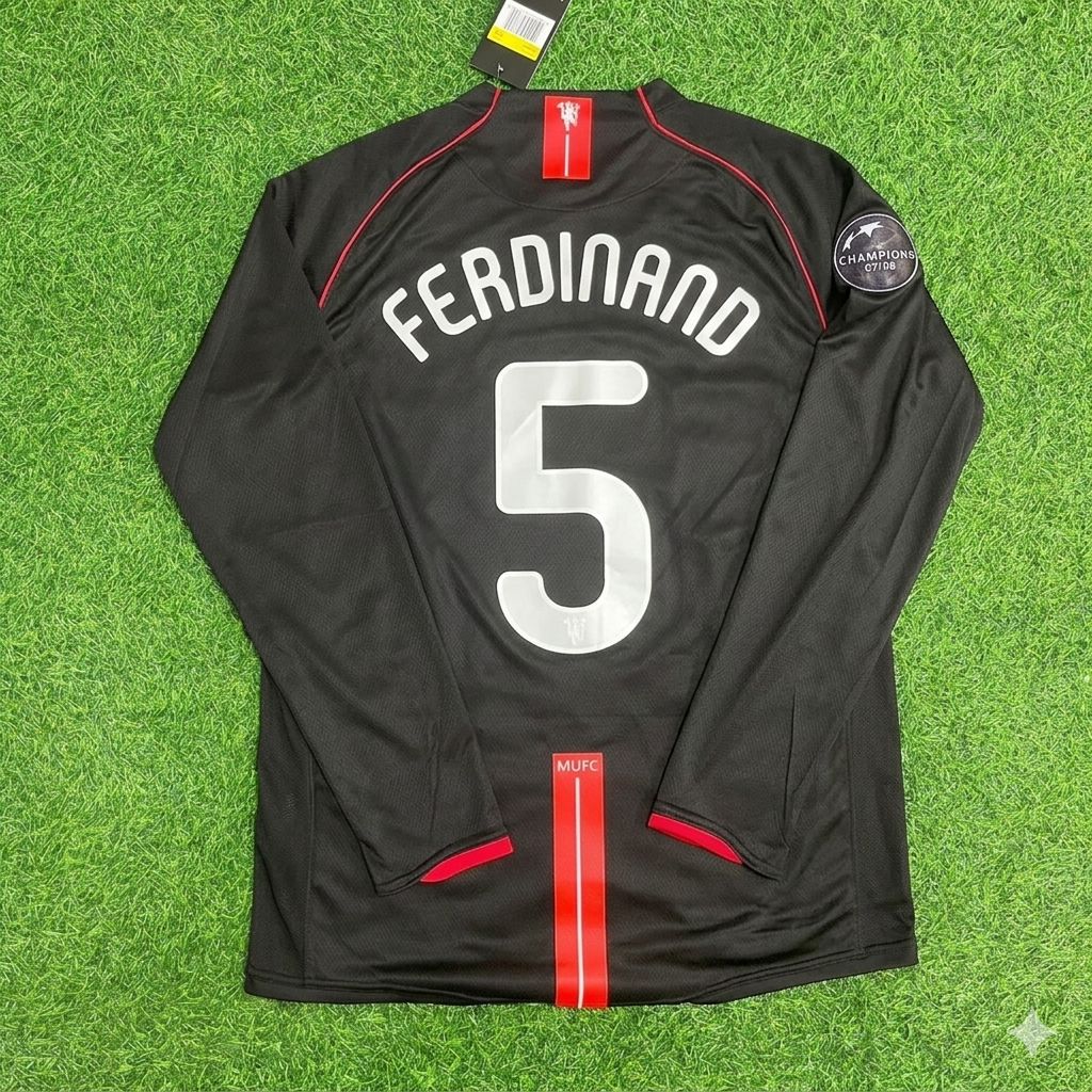 2007/08 Rio Ferdinand Manchester United Champions League Patch Black Retro Football Jersey Collection – Back View